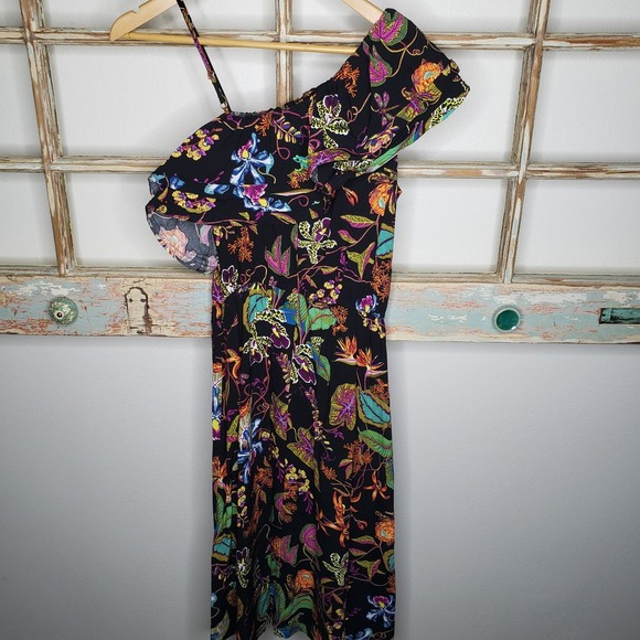 H & M Rainforest Floral Ruffle One Shoulder Viscose Dress size 6 - Picture 16 of 16